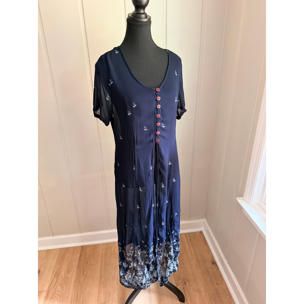 Vintage 90s Victoria Holley Navy Floral Embroidered duster size small